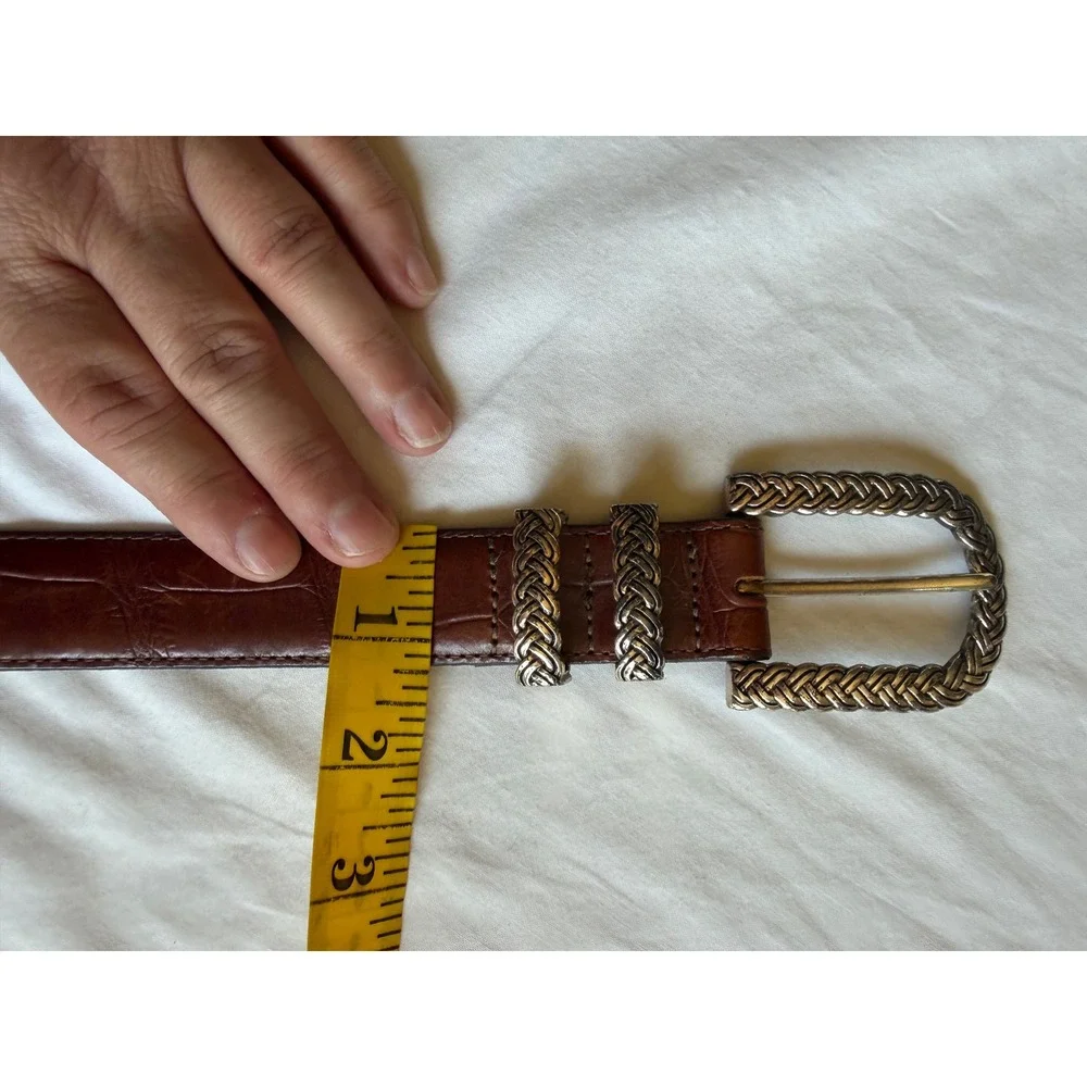 Brighton Brown Crocodile Embossed Leather Western Belt Silver Braided Buckle 32